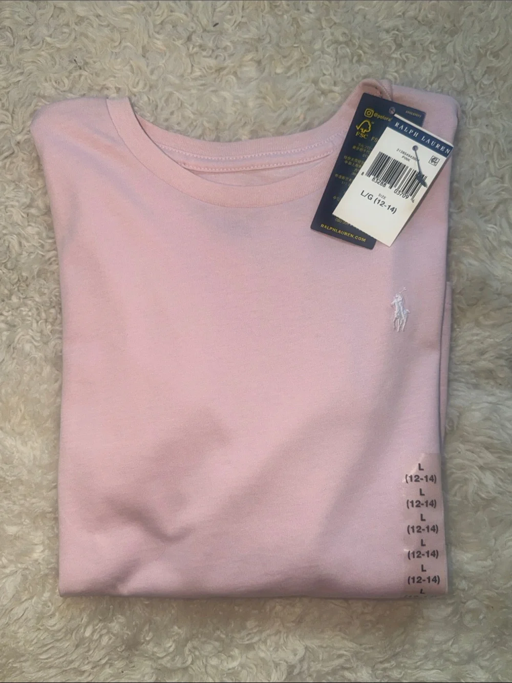 NWT - Ralph Lauren Kids Long-Sleeve Crewneck Top in Pale Pink L (12-14)